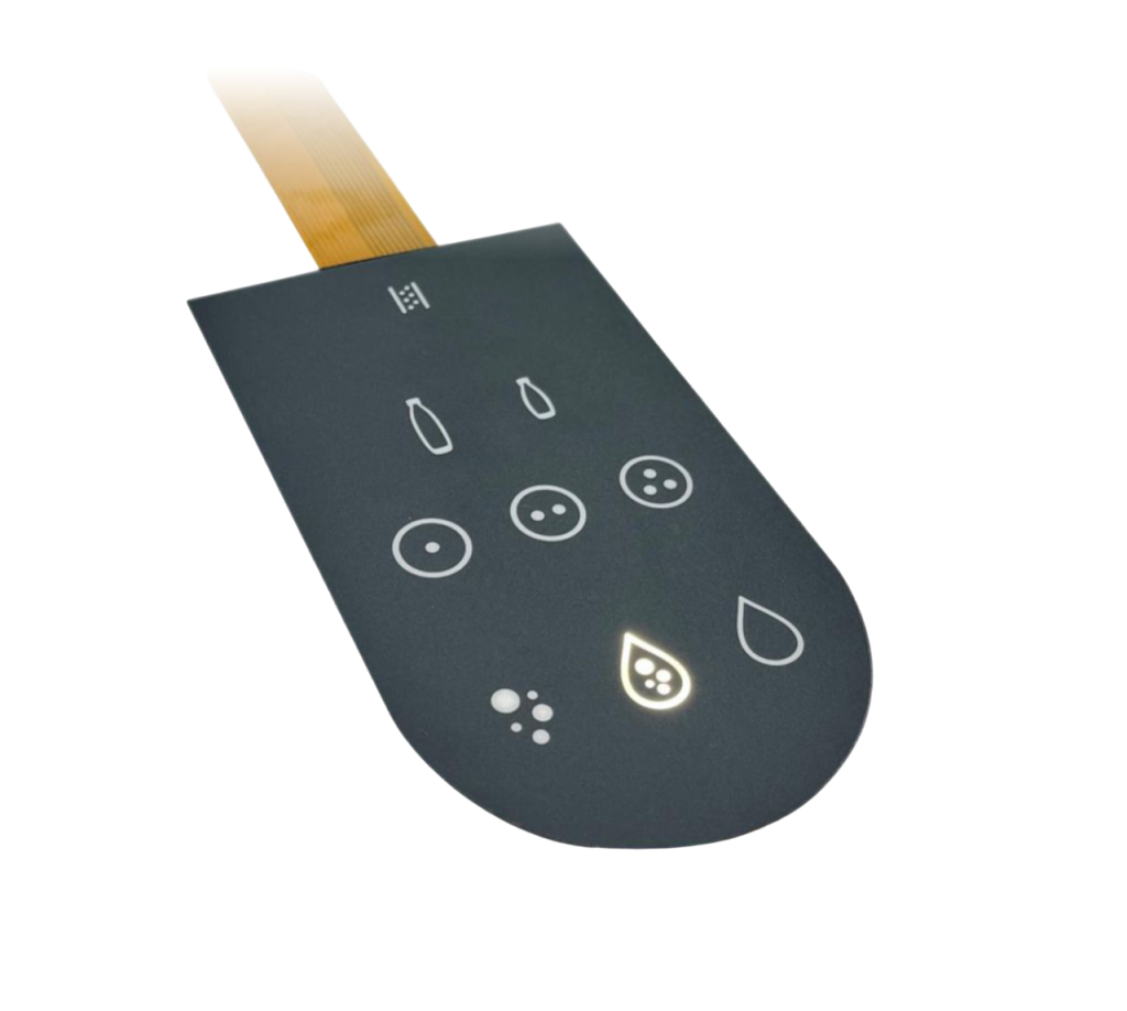 Compact backlit membrane keypad with power and function icons
